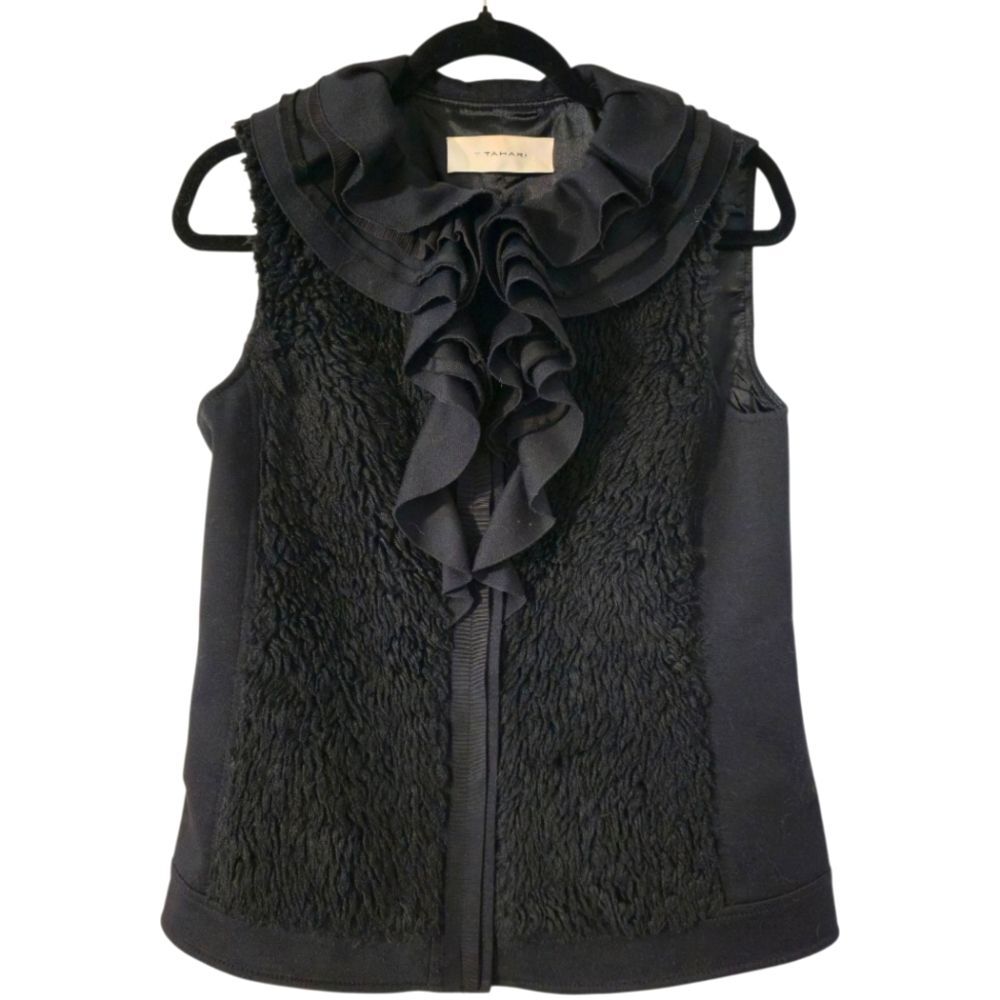 T Tahari Black Vest Women's Medium Ruffle Collar Button Up Faux Fur